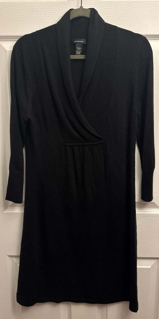 Spense Black Shawl Collar Faux Wrap Knit Sweater Dress Size M